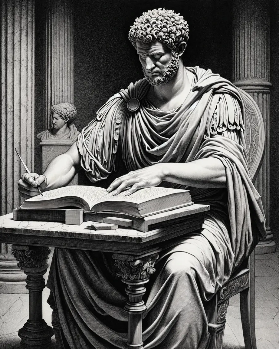 Illustration: Marcus Aurelius sitting at a table, writing in his book