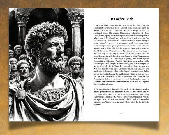 Doppelseite aus Meditationen von Marcus Aurelius mit Illustration und Text aus dem achten Buch