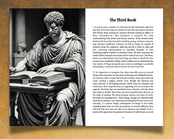Two-page spread from Meditations by Marcus Aurelius, with an illustration and text from Book III