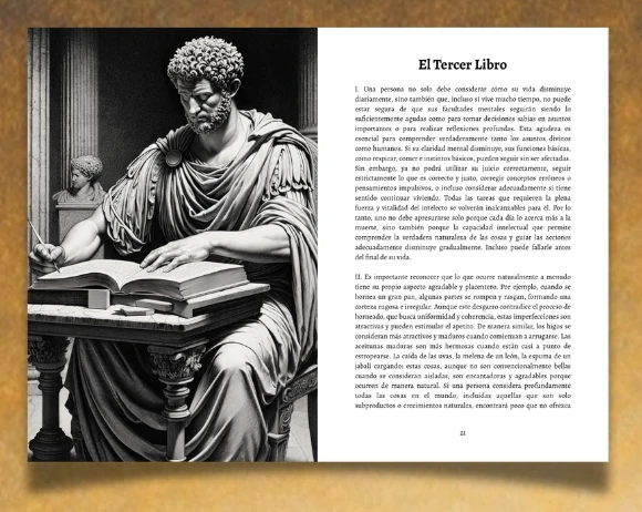 Doble página de Meditaciones de Marco Aurelio con una ilustración y texto del libro tercero