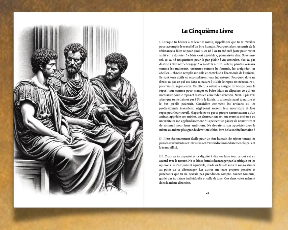 Double page des Méditations de Marc Aurèle, avec une illustration et un extrait du livre V