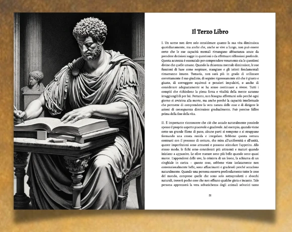 Doppia pagina di Meditazioni di Marco Aurelio con illustrazione e testo del terzo libro